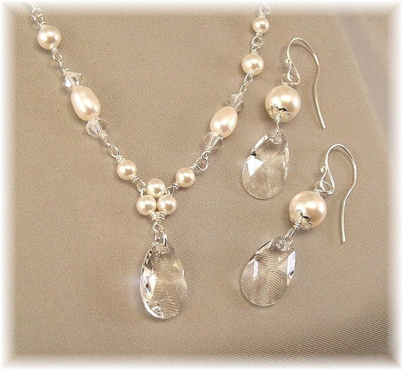 White Pearl and Crystal Necklace and Earring Set by Handwired from etsy.com