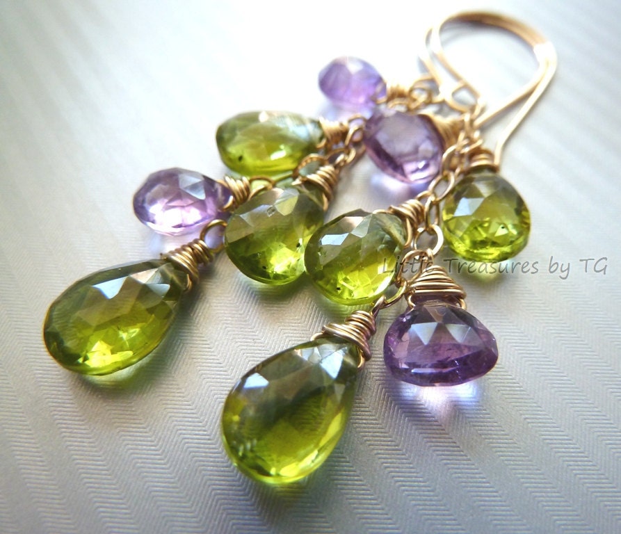 Apple green Peridot with medium purple Amethyst dangle earrings in 14k gold filled August birthstone