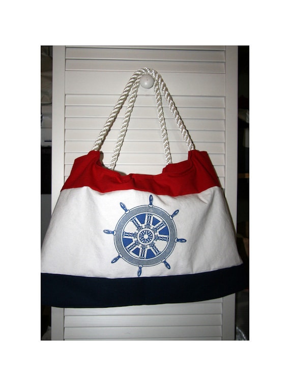 Beach Tote Bag Helm Ship's Wheel Nautical  With Rope Handles fully lined Red White Blue