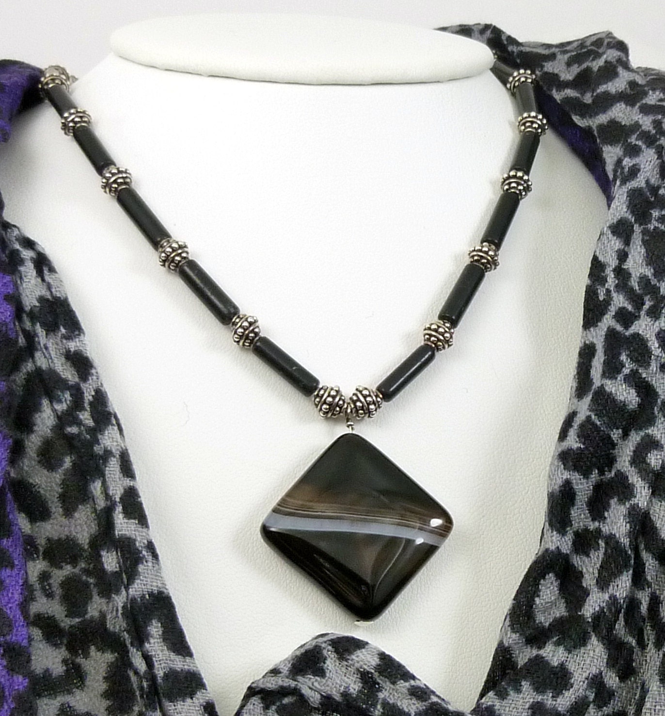 Black White Necklace Sardonyx Pendant Sterling Silver Accents