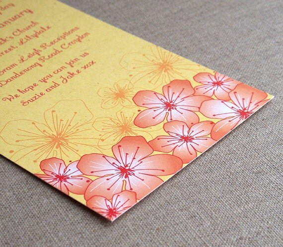 Cherry Blossoms Invitation in Yellow Royal Blue Melon Teal or Slate 