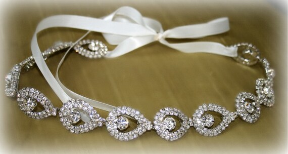 ELSIE- Teardrop Rhinestone Bridal Headband, Wedding Headpiece, Ribbon, Crystal, Accessories, Bridal, Wedding,