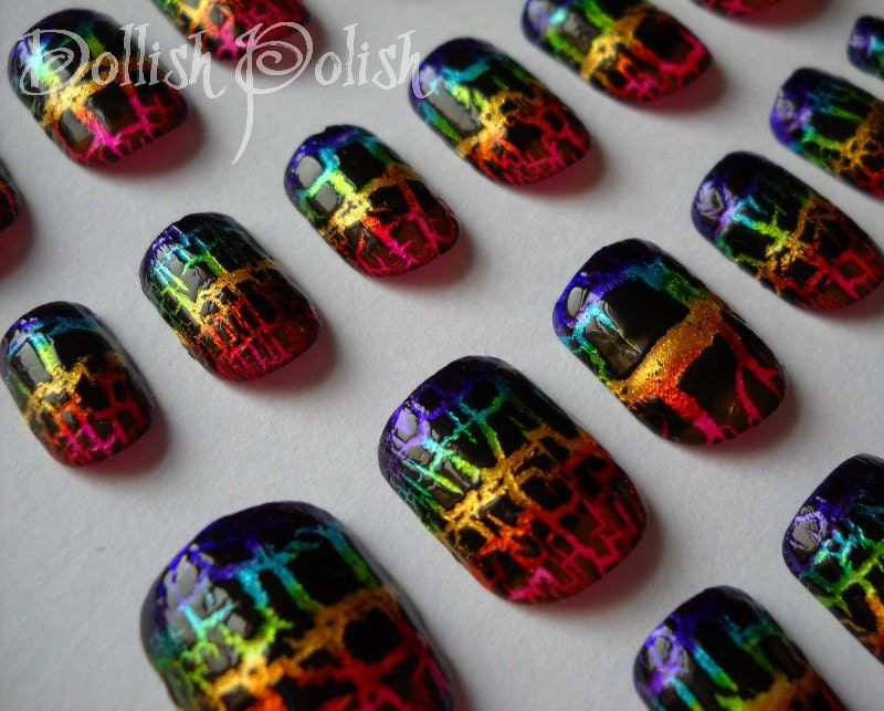 Lisa Frank Inspired Rainbow Crackle Hand Painted Nail Art