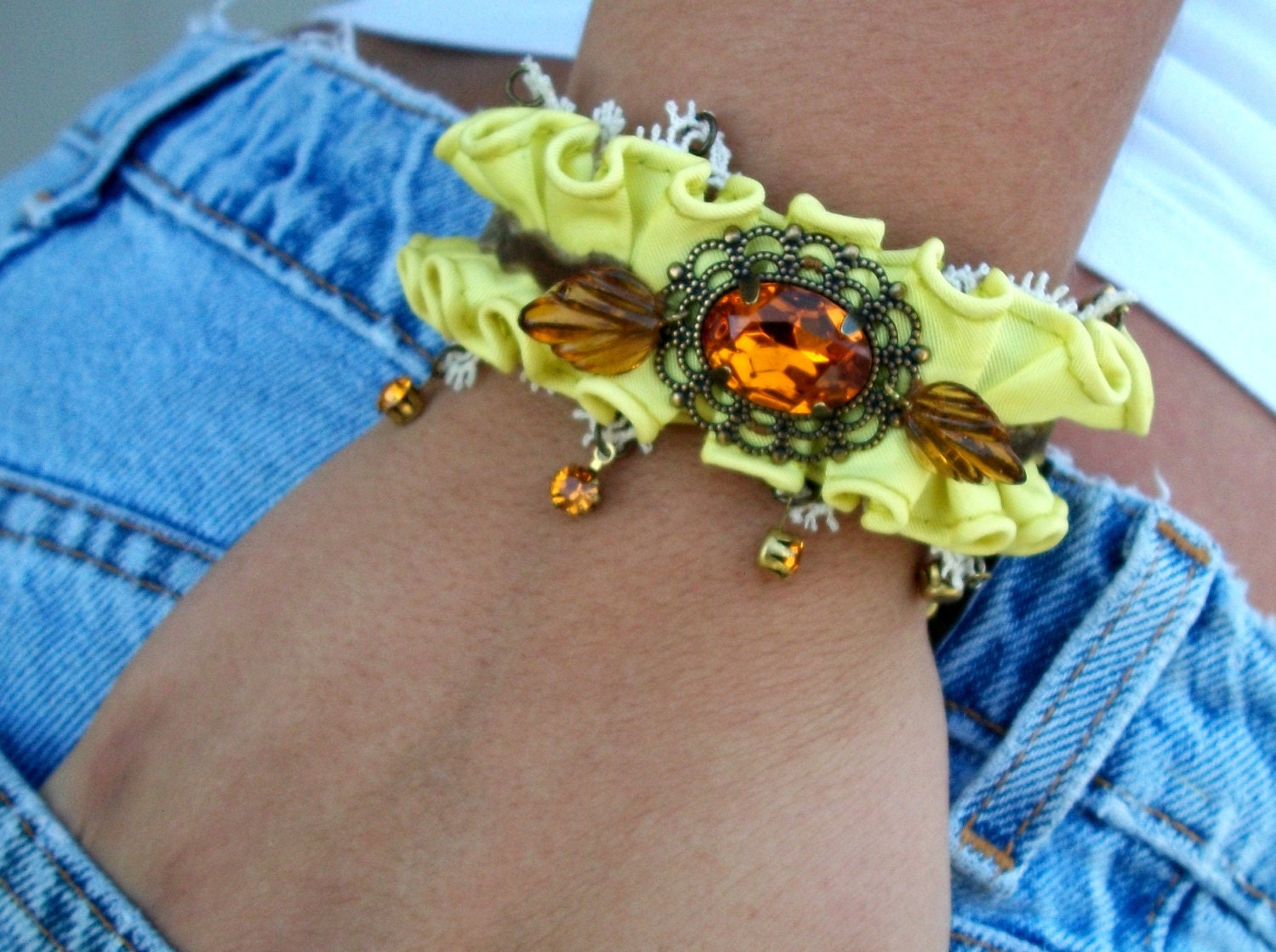 OOAK Handmade Chartreuse Ruffled Bracelet/Cuff - "Lemonade & Carmels" - Topaz Stones, Antique Lace, Velvet - SALE