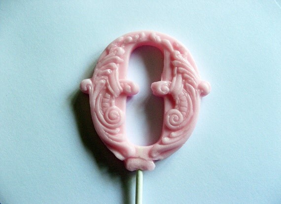 3" fancy filigree number 0 hard candy lollipops As seen in Dylan Lauren's bridal shower featured in Martha Stewart weddings May 2011