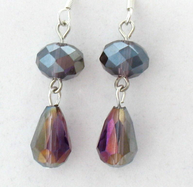 Iridescent Purple Earings, Teardrop Beads, Rondelle Beads