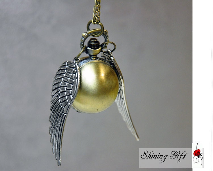 Sale-Enchanted Golden Snitch WATCH necklace silver Double side wings harry potter