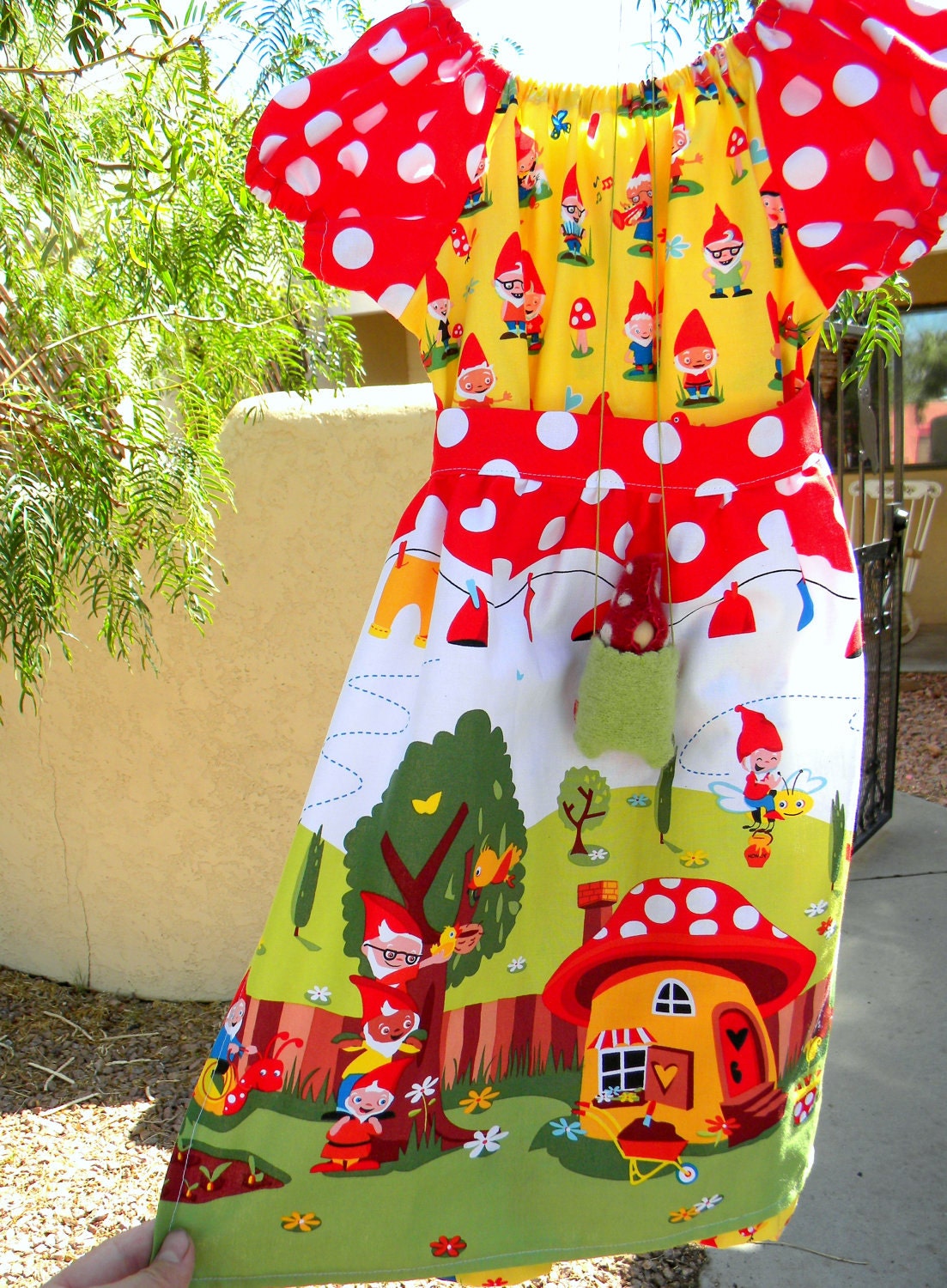 Toadstool Dress & Gnome: Apron Peasant Dress by Pitterpat with matching Toadstool Doll, Waldorf Gnome