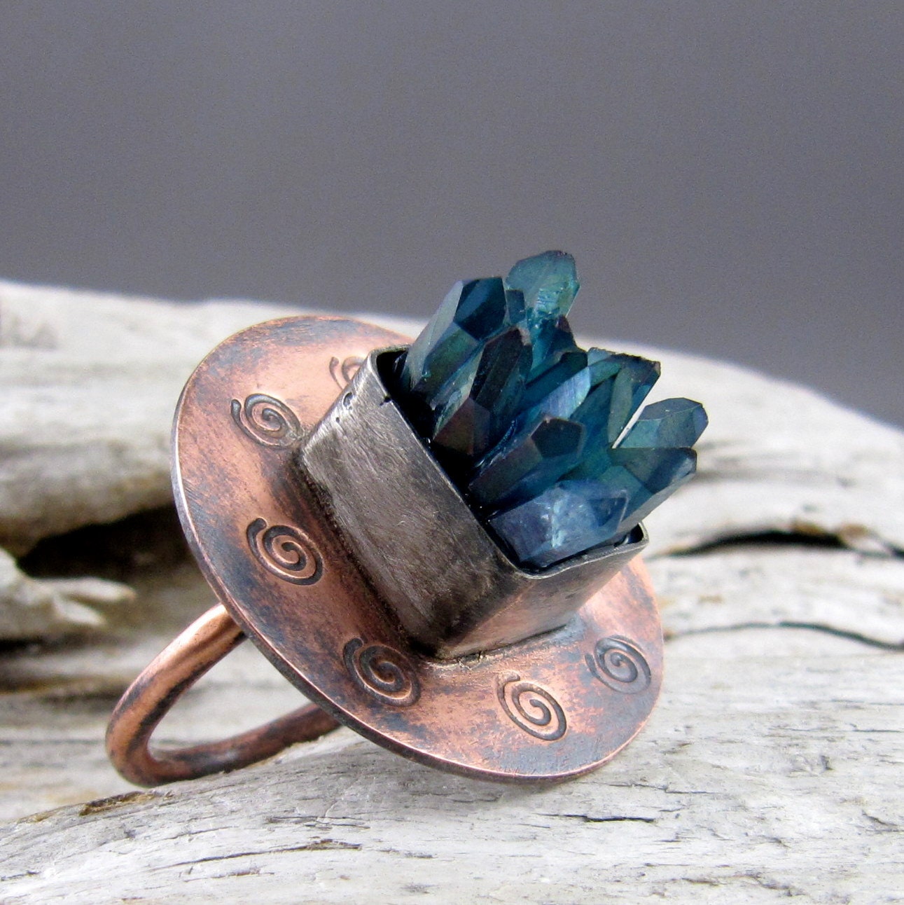 Aqua Aura Quartz Points Spiral Design Copper with Fine Silver Ring