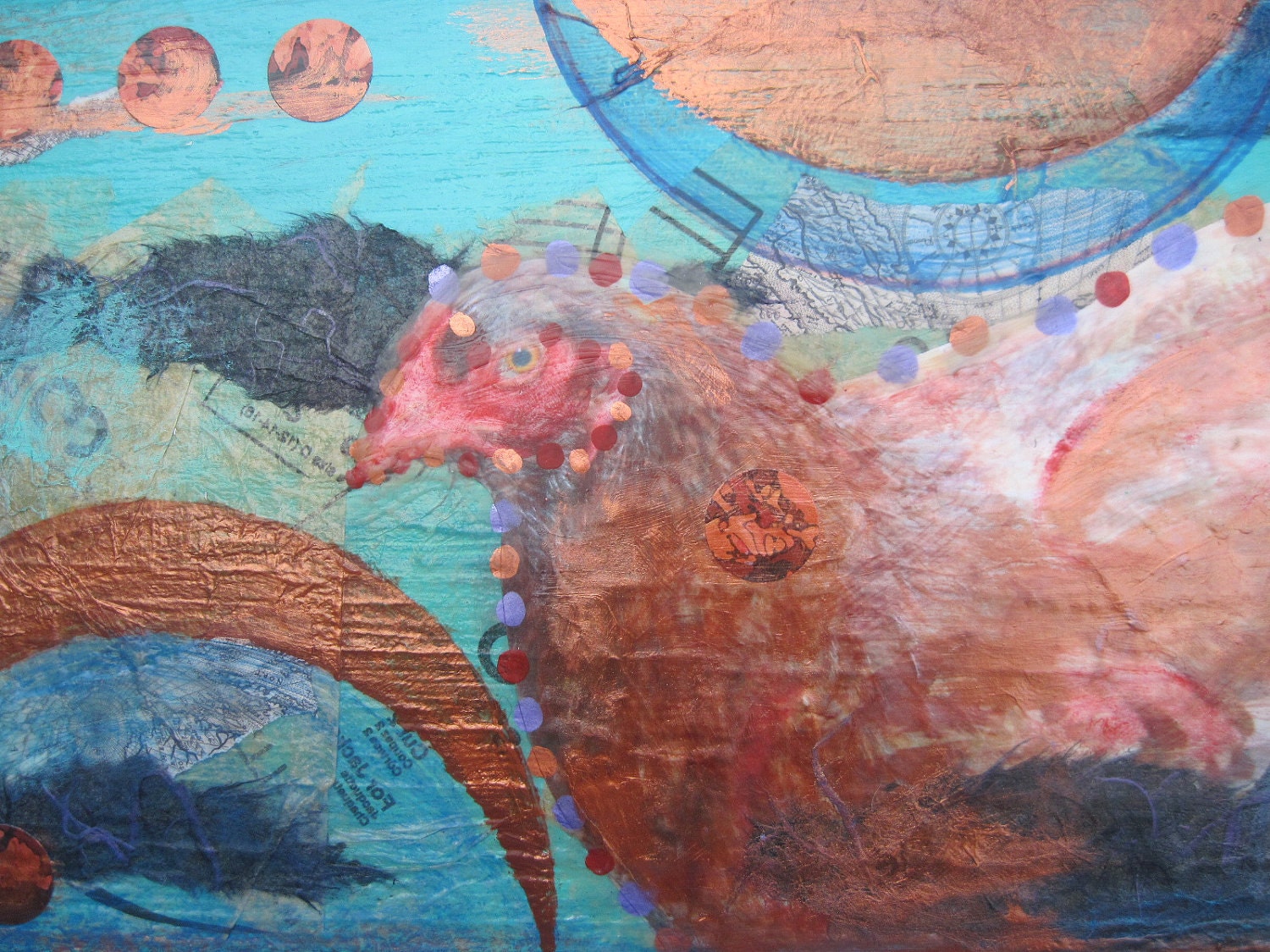 CHICKEN DANCE Mixed Media Collage painting on barn wood