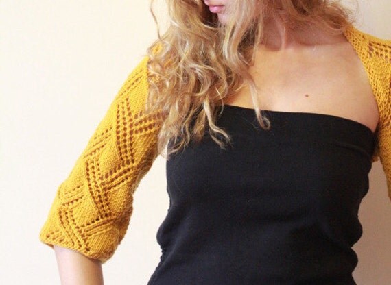Ladies lacy crossing pattern shrug in Honey