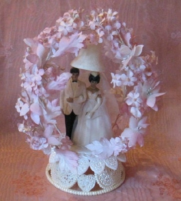 Vintage 60s Wilton Bride and Groom in Pink Floral Gazebo Wedding Cake Topper