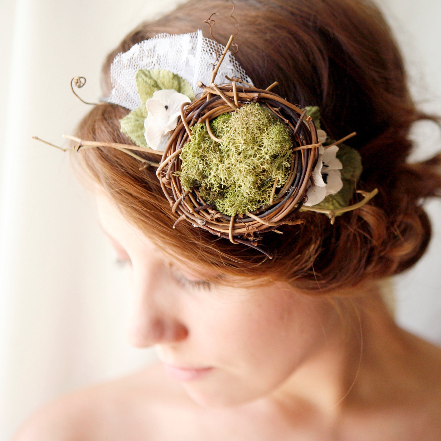 woodland head piece with nest and moss