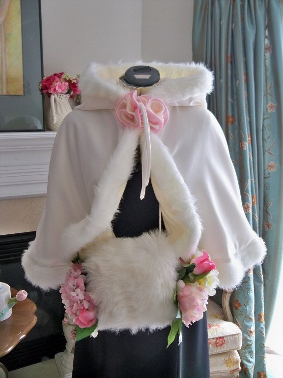 Bridal Mini-Cape Ivory Satin and Pink Fleece with Fur Trim Wedding Cloak