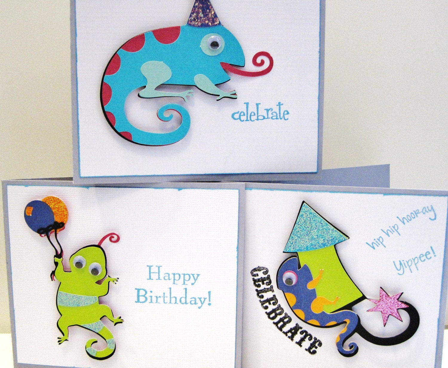 Lizards and Geckos Birthday Celebrations Hand Cut Cards Set of (3)