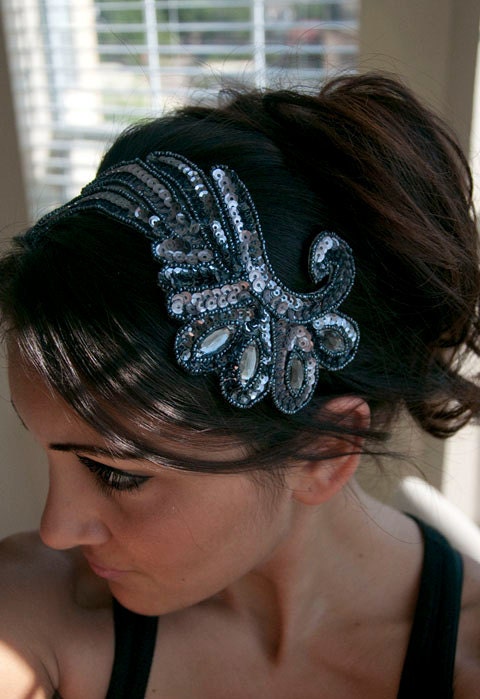 Gunmetal Sequin Large Angel Wing on a simple black headband From EyeHeartMe