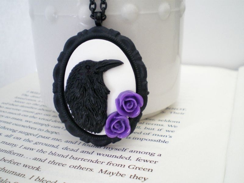 Raven Necklace. Cameo Jewelry. Black and White. Purple Roses.