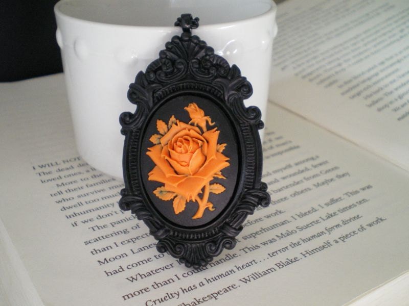 Rose Necklace. Halloween. Gothic Jewelry. Orange. Black.