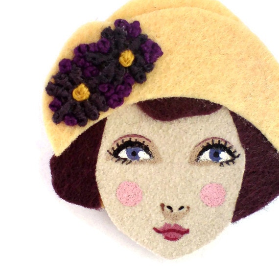 Felt brooch - Louise, Art Deco Flapper, cream yellow, burgundy, Autumn,woman face