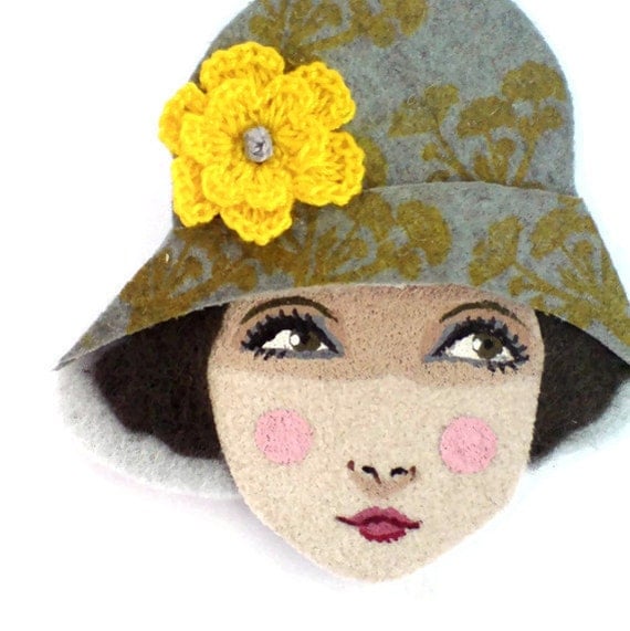 Fabric brooch - Joy, Flapper girl in a floral cloche, Autumn, grey, cypress, yellow, wearable art