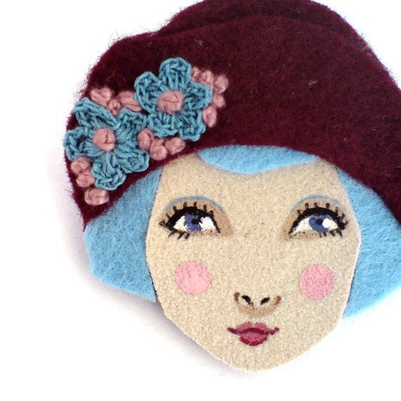 Flapper girl brooch felt - Louise, burgundy, blue, woman face