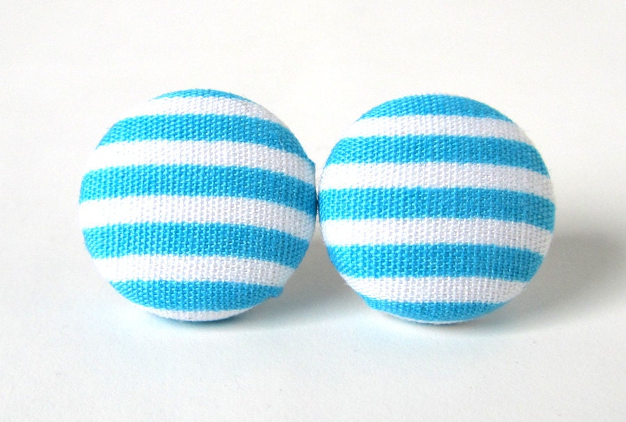 Turquoise blue stud earrings button spring bright white stripes cyan mint sky