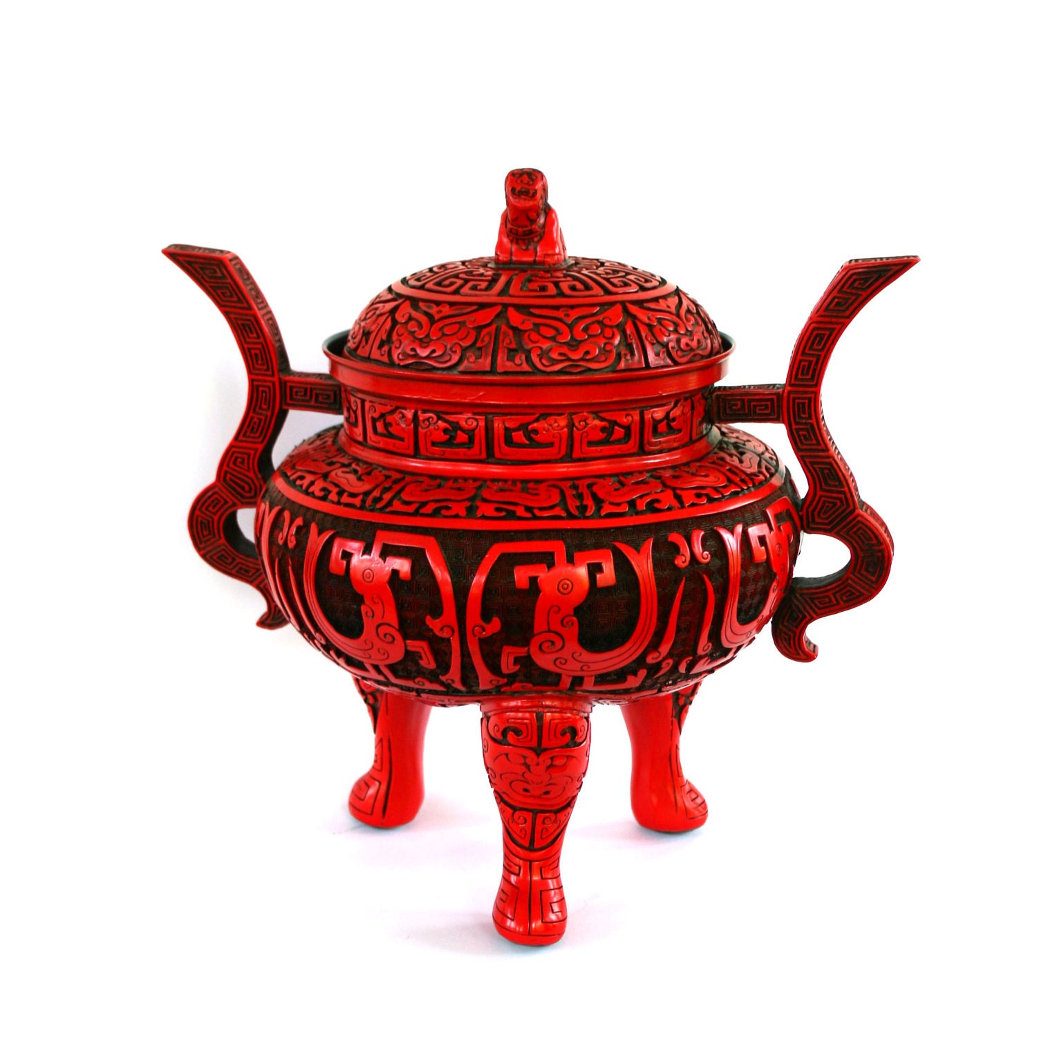 Chinoiserie Censer. Cinnabar. Tripod. Chinese. Valentines Day Red. Hollywood Regency. Foo Dogs. Urn. Black. Greek Key. Carved. Handles.
