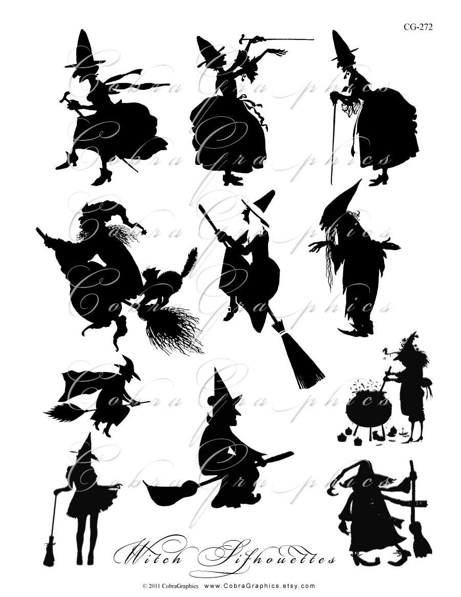 HALLOWEEN Witch Silhouettes - Digital Collage Sheet CG-272 for Scrapbooking Gift Cards Hang Tags Magnets Stickers PNG