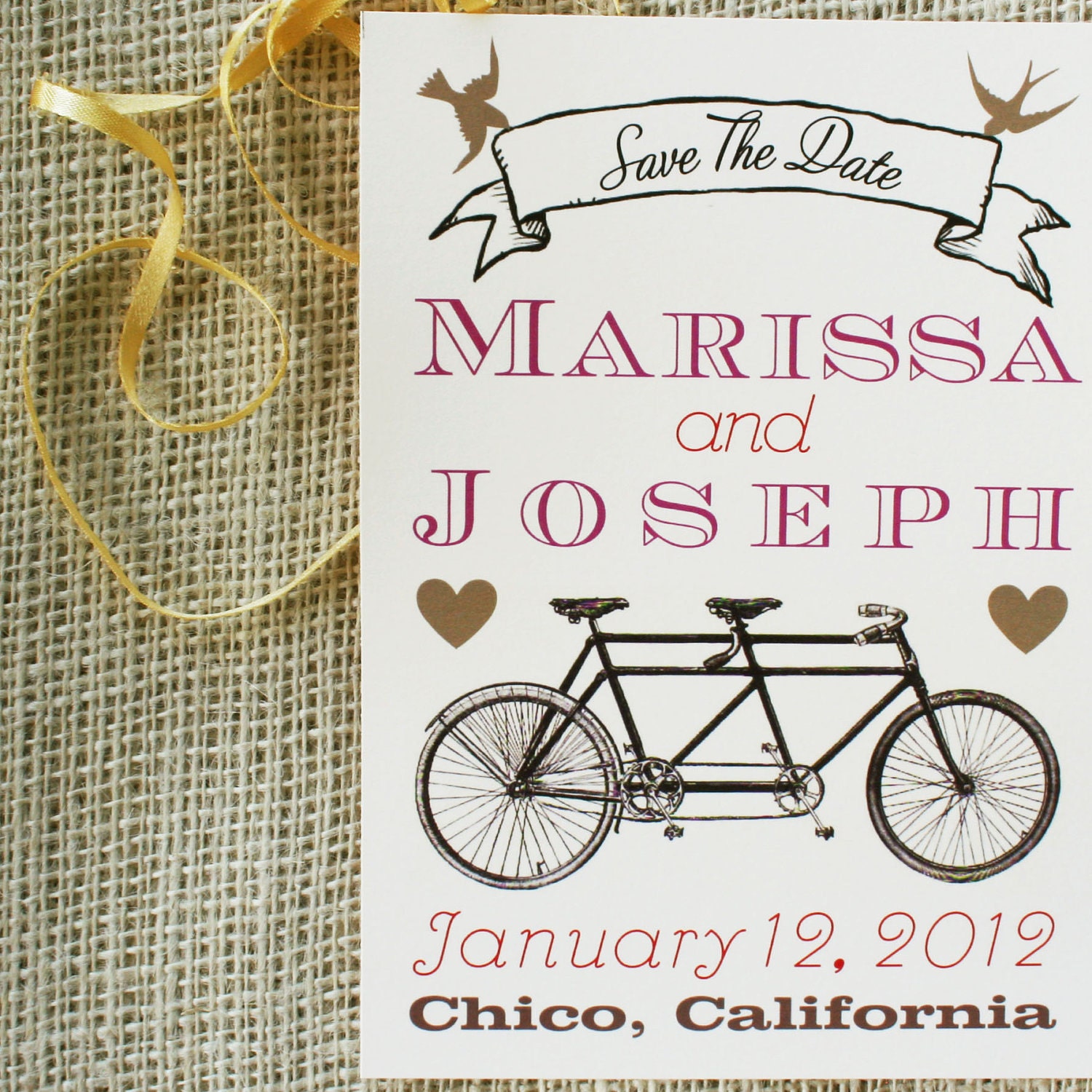 Tandem Bicycle Invitation Vintage Modern Wedding or Save the Date Card
