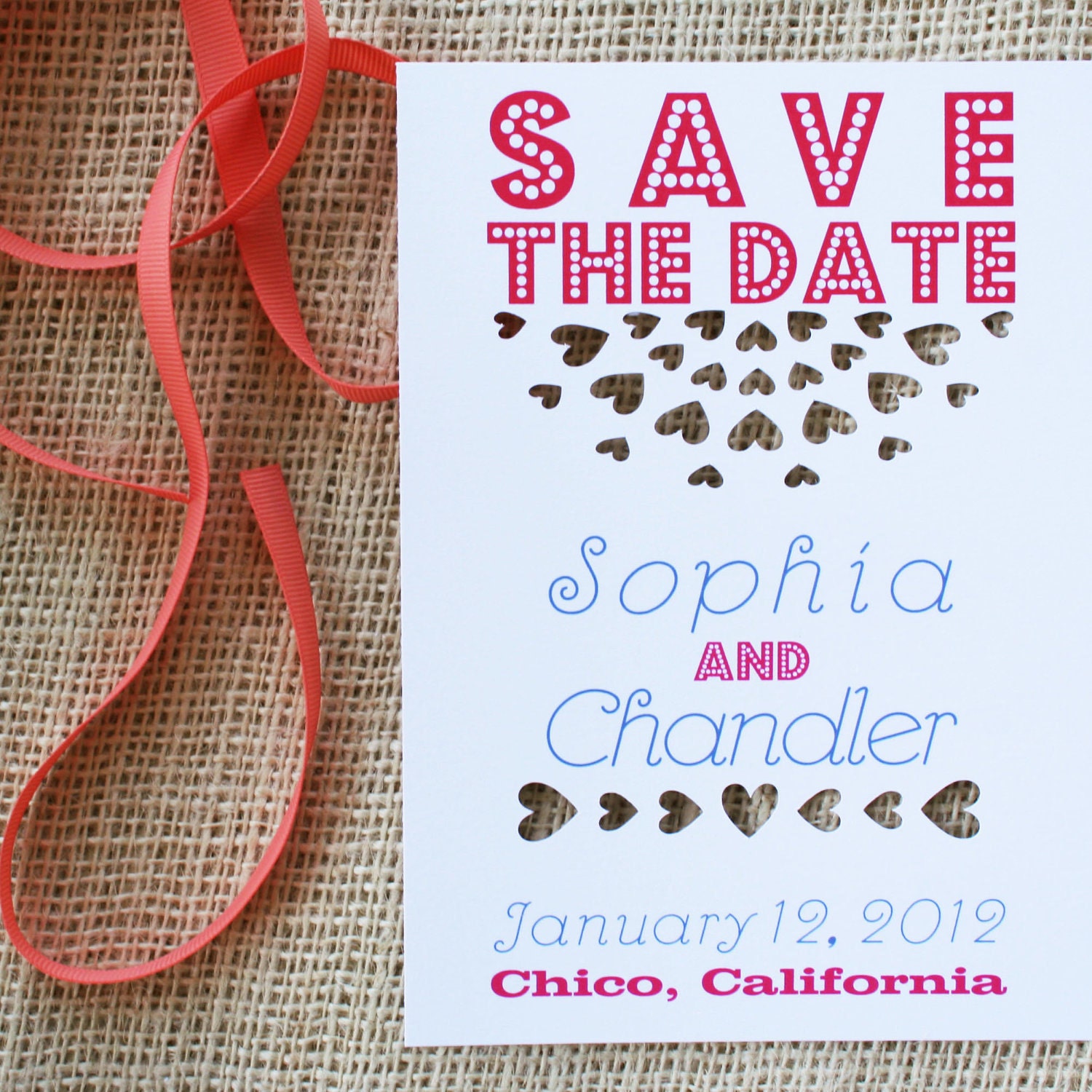 Heart Save the Date Card, Laser Cut Invitation: sweet love design, red, purple, grey, your choice of colors