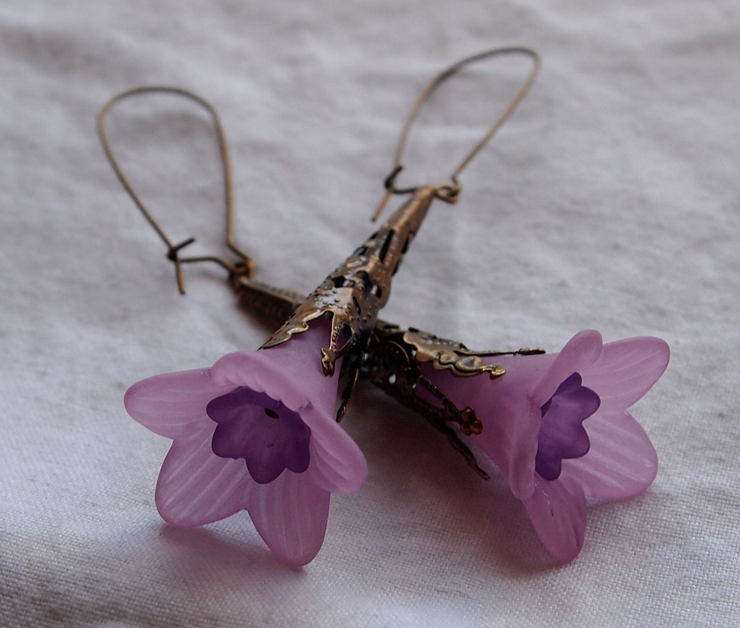 Purple Lucite Trumpet Flower Earrings
