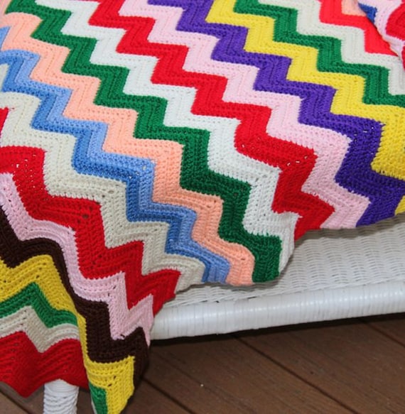Vintage Crochet Afghan Blanket Throw Rainbow of Colors