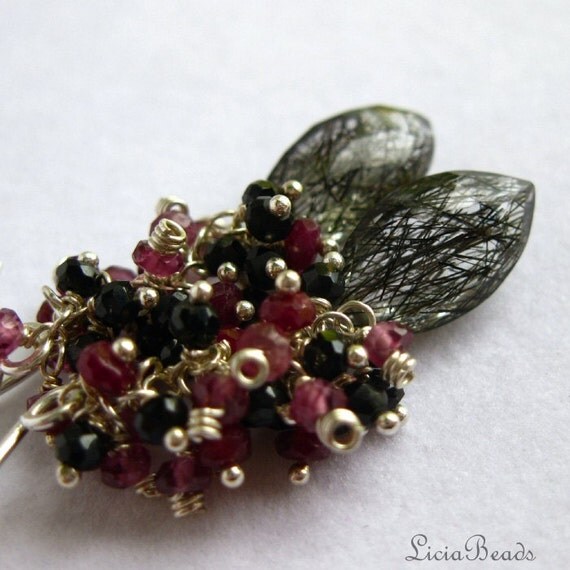 Ruby Tumble - Ruby, Garnet and Spinel clusters over Tourmalinated Quartz, sterling silver