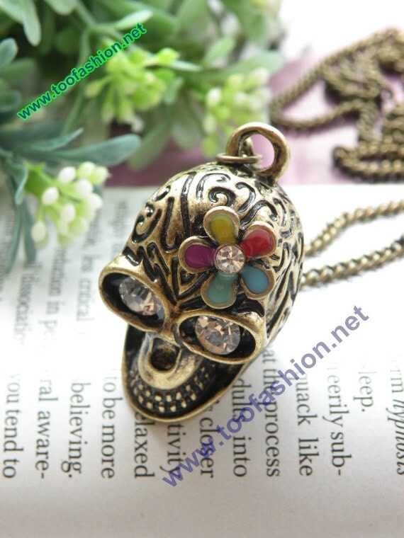 Pretty retro copper white crystals eyes 3d skull with colorful flower necklace pendant jewelry vintage style