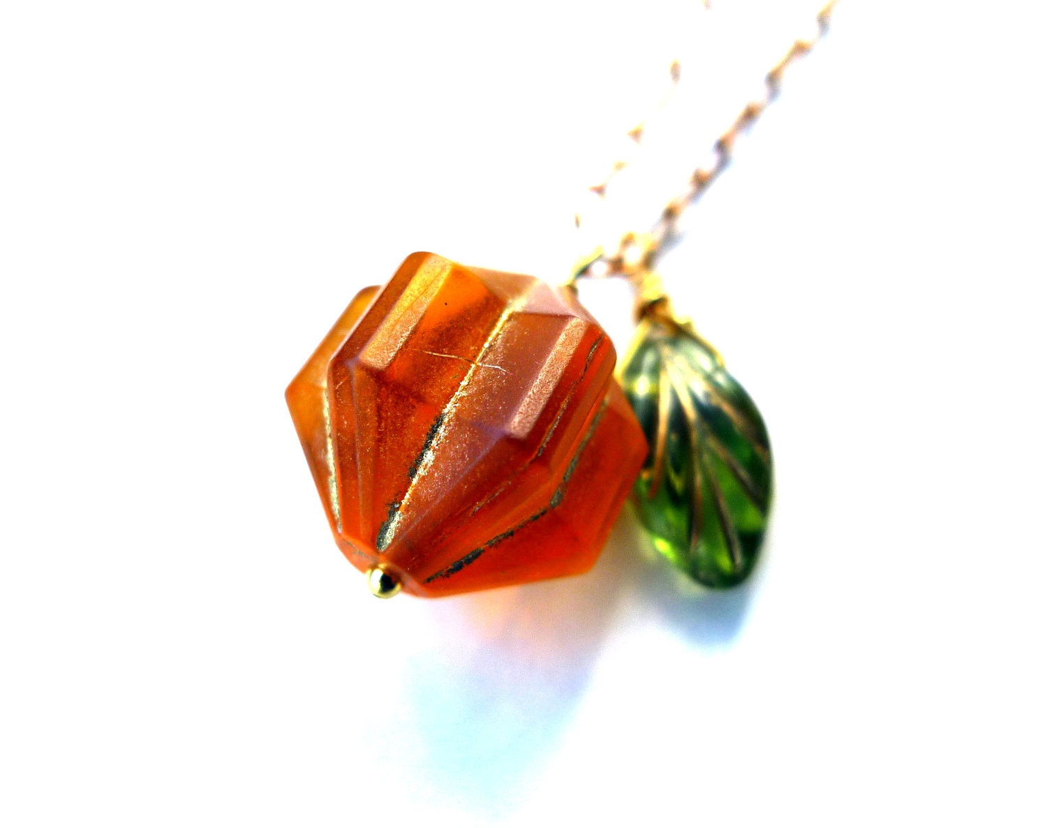 Carved Pumpkin Necklace -  Halloween Jewelry, Gold, Orange, Green