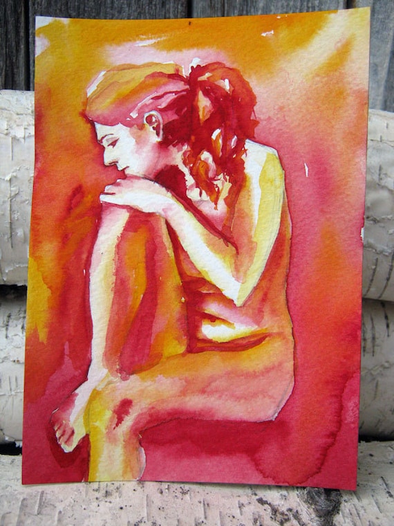 Original Painting Watercolor Abstract - Nude Study VI - Modern Contemporary Art Portrait in Red and Yellow