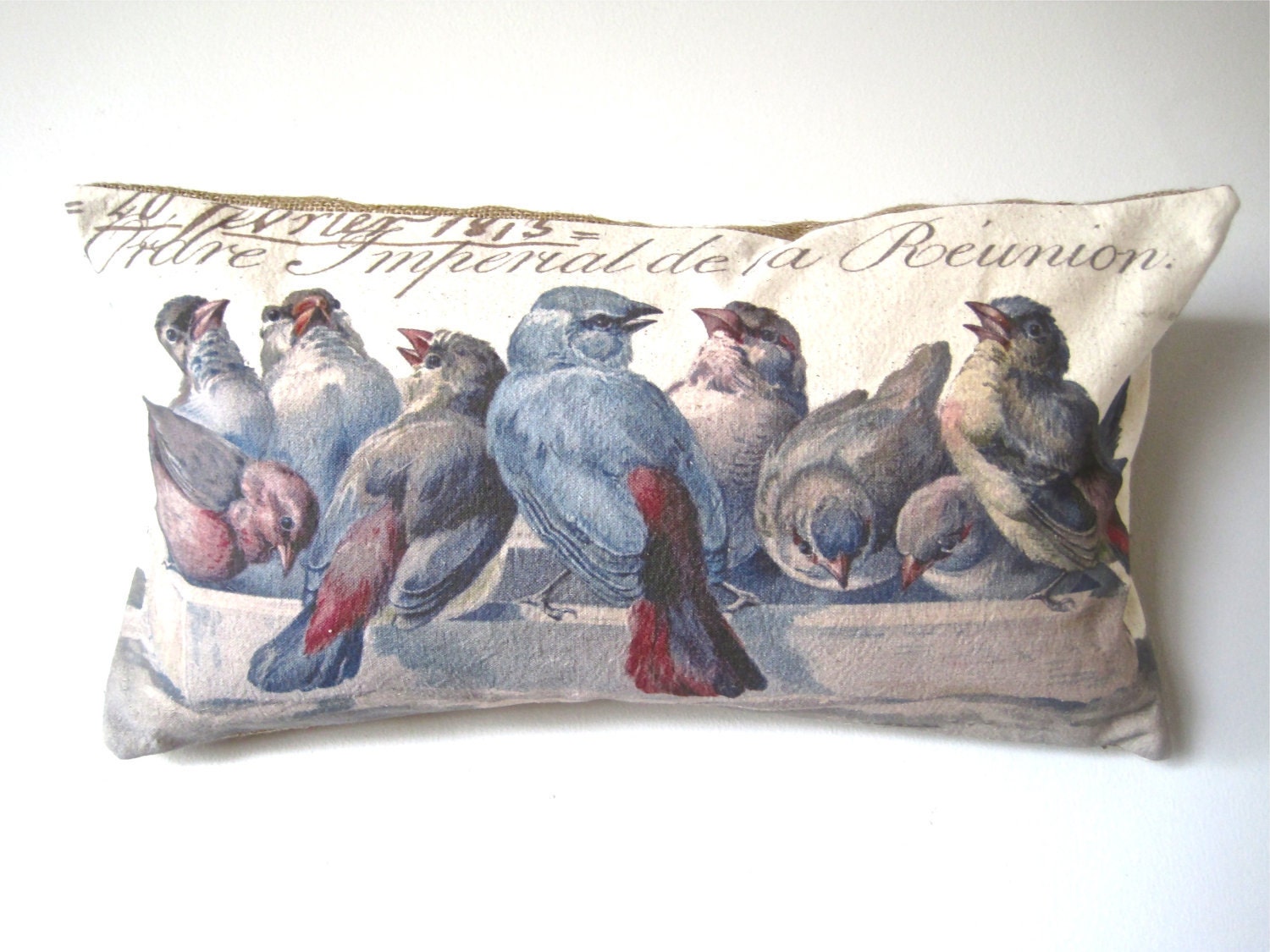 Handmade Handprinted Pillow Cover- 12 x 22- Blue Bird - The Gathering