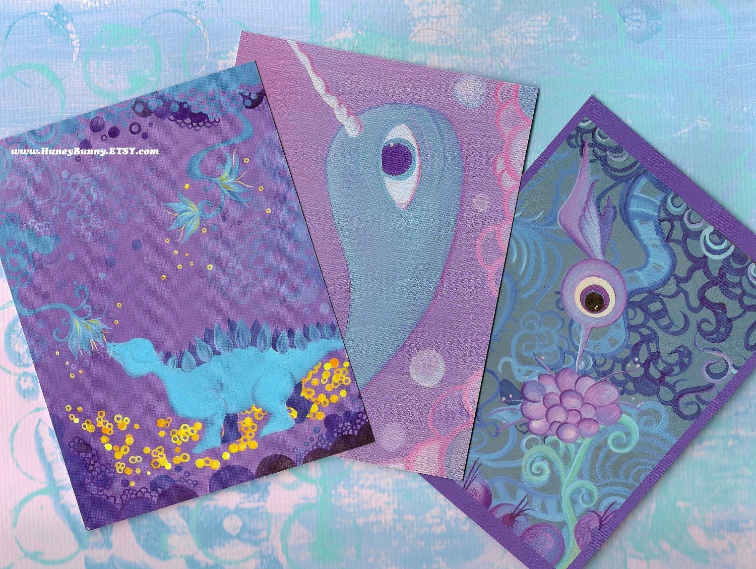 Purple Postcards - set of 3. Original Art Featuring a Narwhal, a Dinosaur, and a Hummingbird.