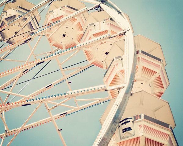 Under the Ferris Wheel - 16x20 Fine Art Carnival Photography Print - Retro Inspired Midway Home Decor Photo in Smokey Blue and Burnt Orange