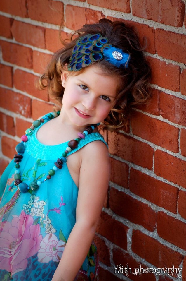 PEACOCK FEATHER HEADBAND Turquoise & Brown.... fits newborn baby, toddler, big girl or women