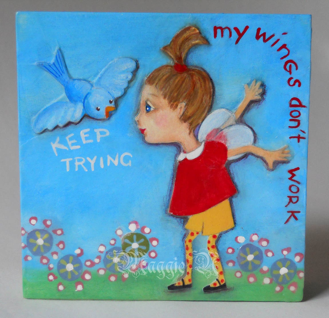 Whimsical Girl with Wings - Original Mixed Media Art - Keep Trying - 4 x 4 Inches on Wood
