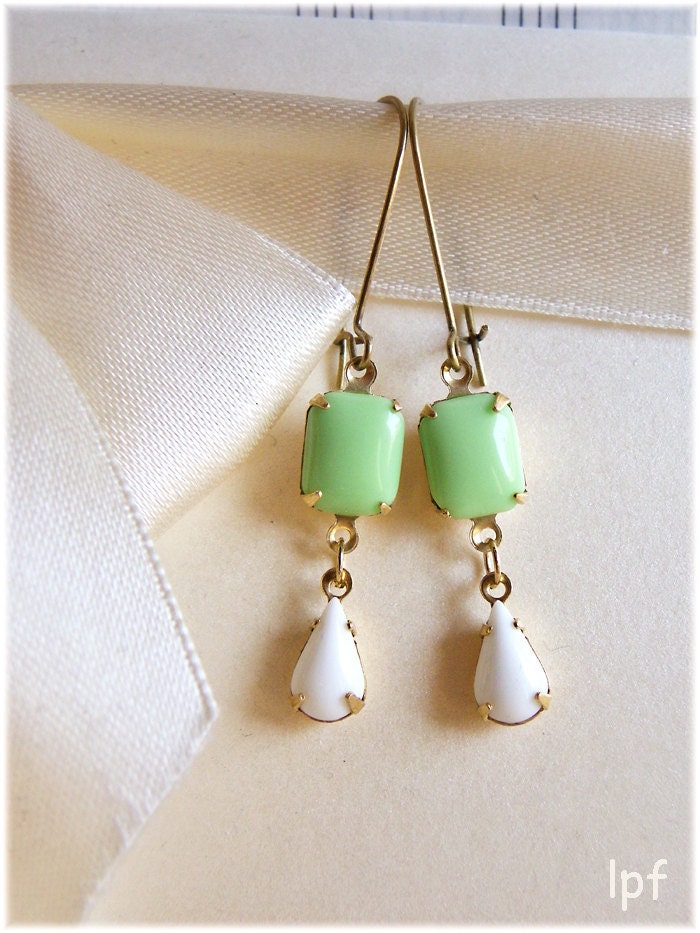 Earrings, Romantic, Pastel, Mint and White vintage glass jewels on antiqued brass