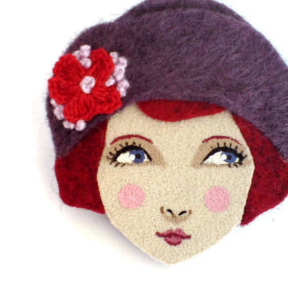 Felt brooch - Louise, Pretty 1920s girl, purple, red, brick, woman face