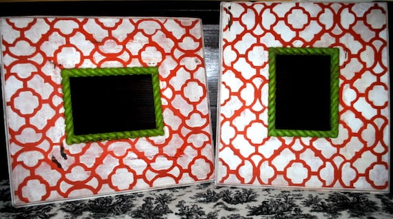 Picture frames...Pair of distressed picture frames..5x7 inch openings....Moroccan design...orange, white, chartreuse...home decor
