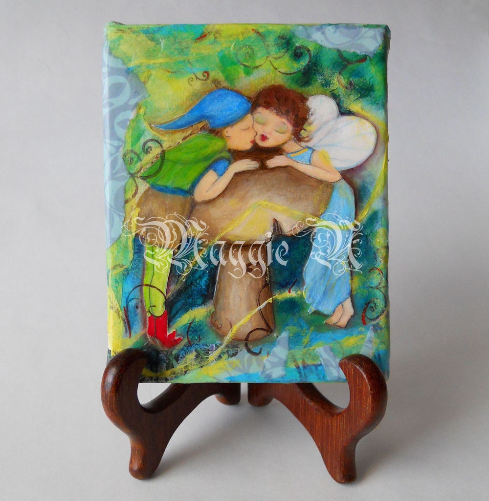 Fairy Kiss - Mixed Media Painting - 4 x 5 Inches on Gallery Wrapped Canvas