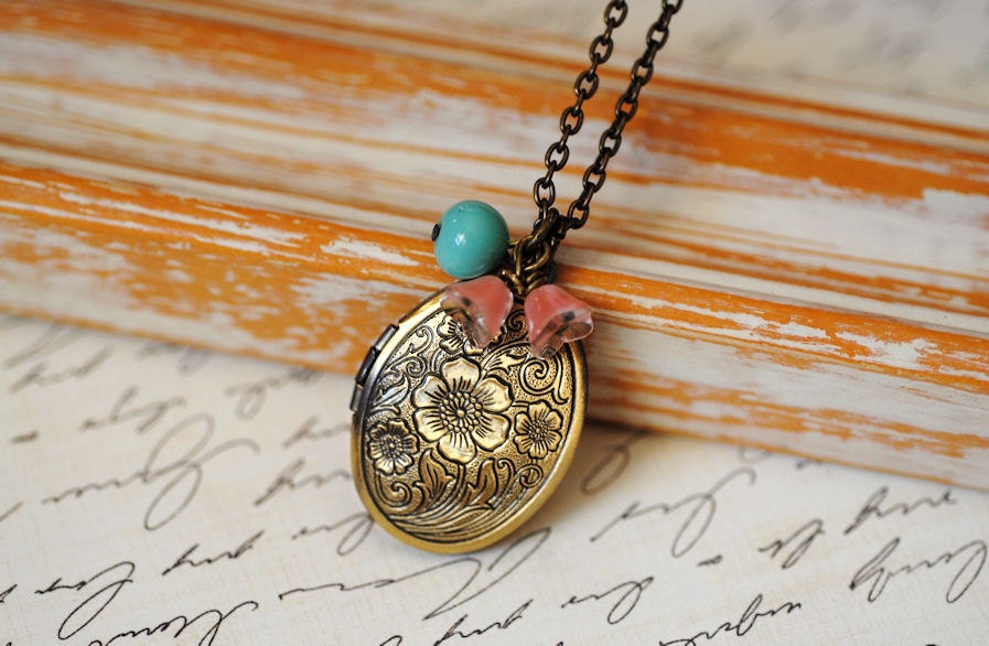 Vintage Locket, Long, Turquoise And Pink Flowers Necklace