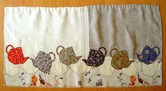 Appliqued textile curtain - Falling Teapots