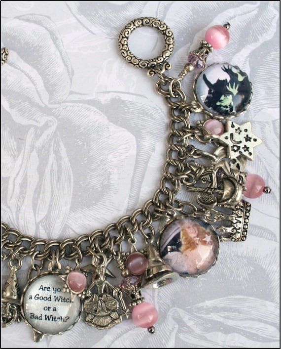 Good Witch or Bad Witch, Wizard of Oz Vintage Looking Charm Bracelet, Pink