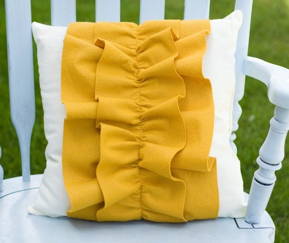 Decorative Mustard Yellow Ruffle Wool Felt Pillow 16x16