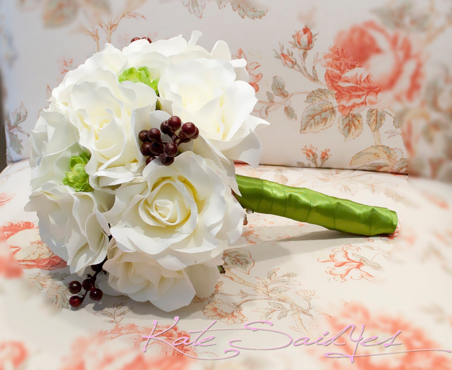 Silk Bridal Bouquet Ivory Rose with Green Hops and Berry Accents Rustic